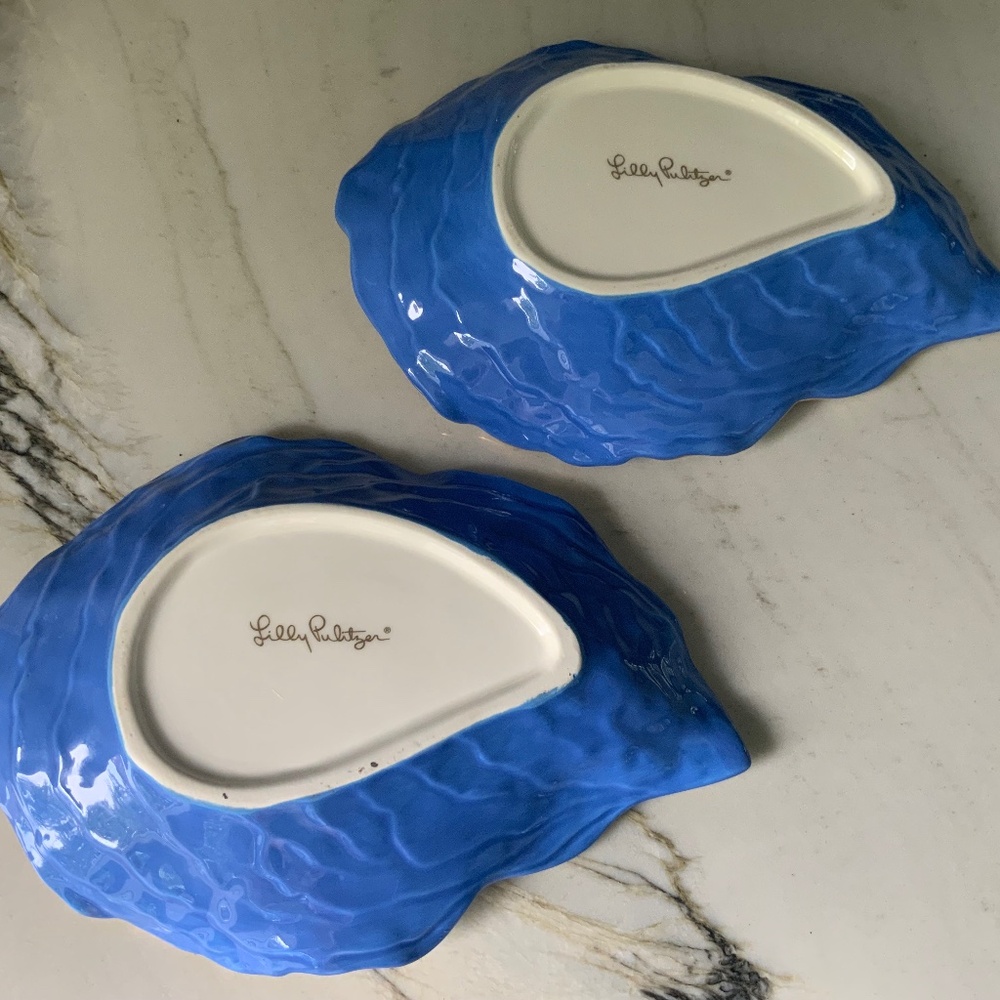 Pair of Lilly Pulitzer Ceramic Oyster Appetizer Plates - Blue & White with Gold